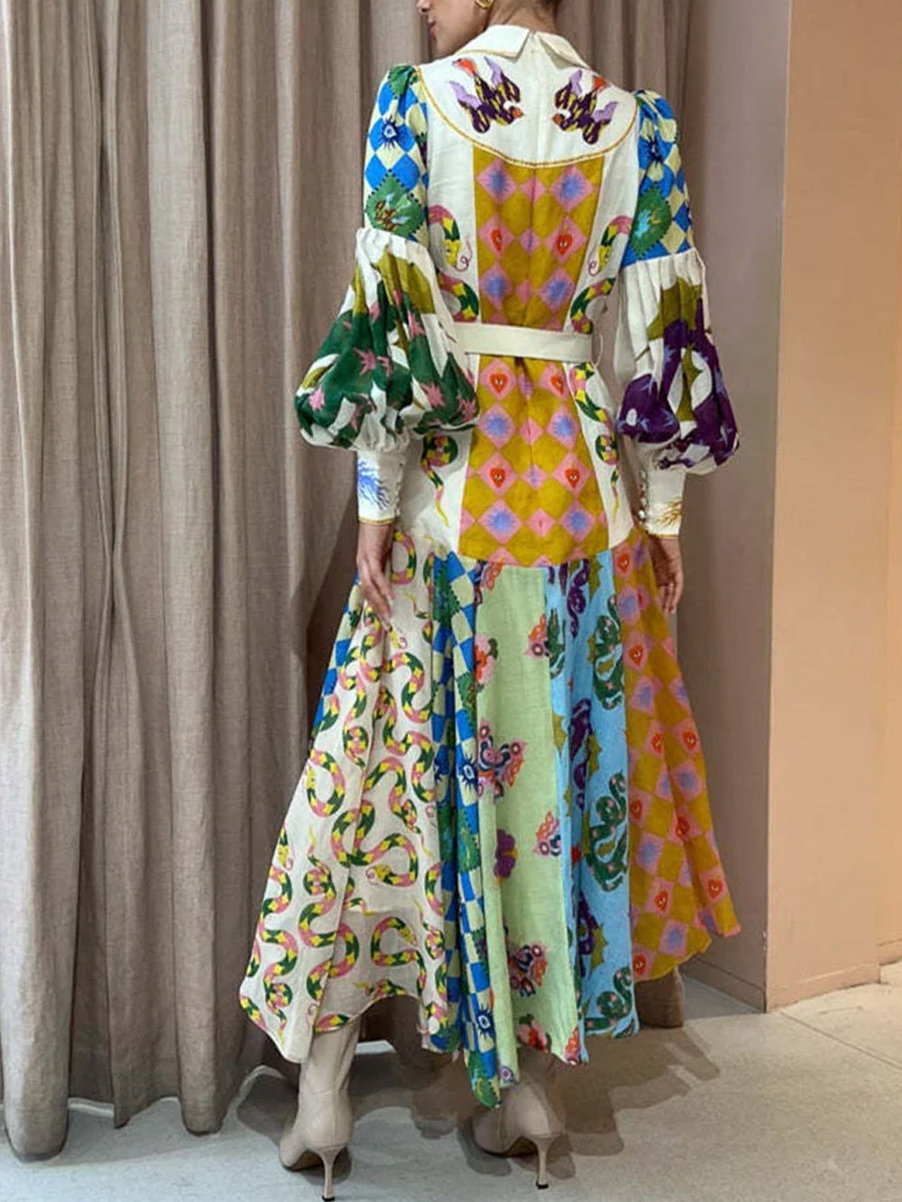 Fashion Graffiti Balloon Sleeve Long Irregular Dress - Airnori