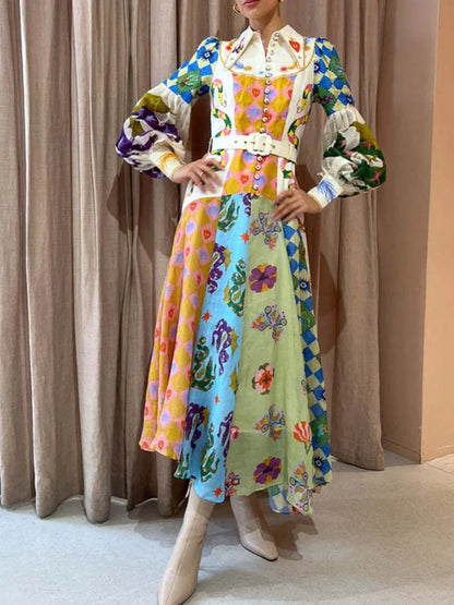 Fashion Graffiti Balloon Sleeve Long Irregular Dress - Airnori