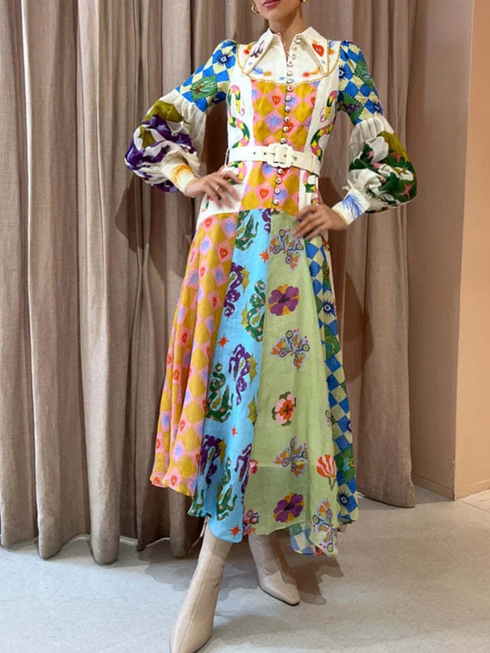 Fashion Graffiti Balloon Sleeve Long Irregular Dress - Airnori