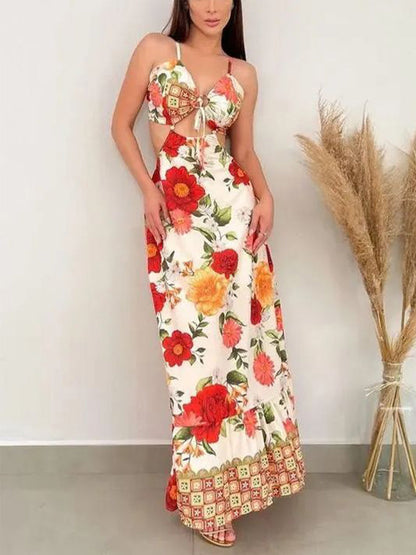 Sexy Hollow Backless Slim Print Dress - Airnori