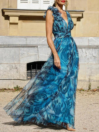 Maxi-jurk zonder mouwen met swingprint