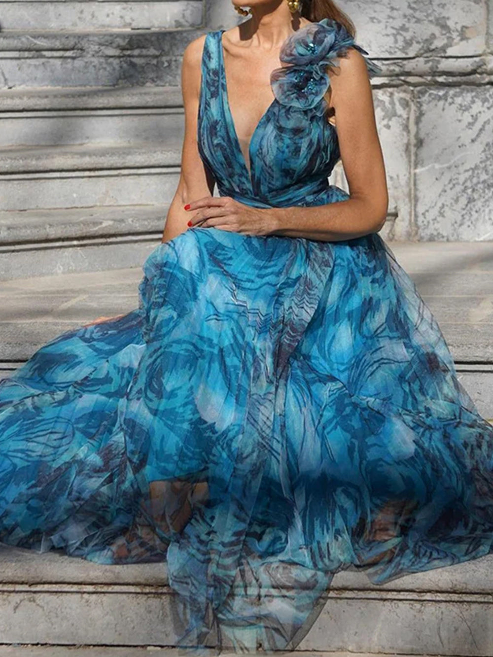 Maxi-jurk zonder mouwen met swingprint