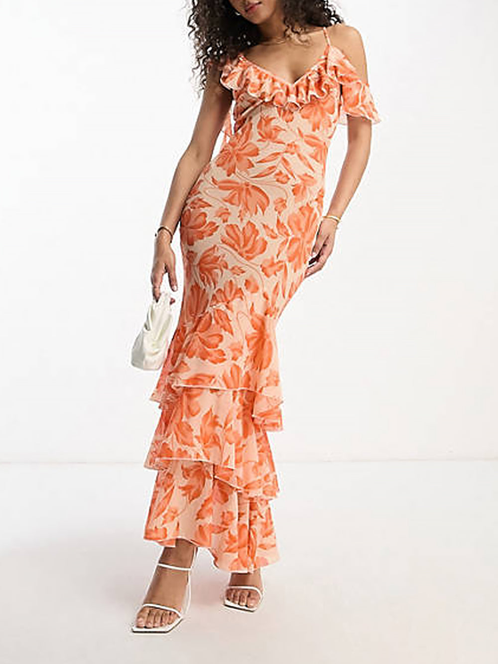 Shoulder Asymmetric Maxi Dress In Orange Floral Jacquard - Airnori