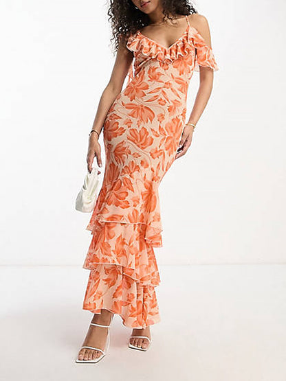 Shoulder Asymmetric Maxi Dress In Orange Floral Jacquard - Airnori