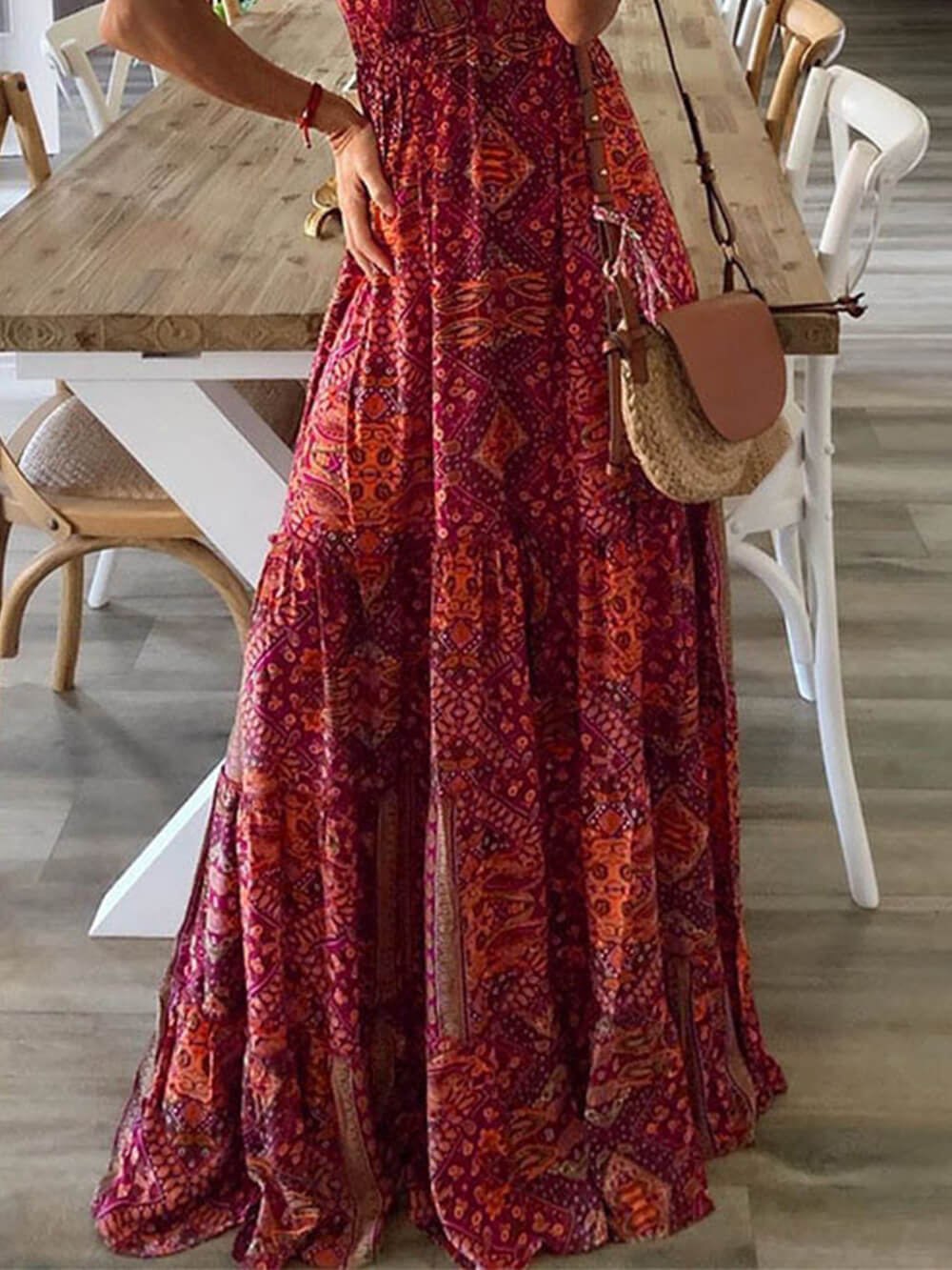 High Waist V-Neck Vintage Print Maxi Dress - Airnori