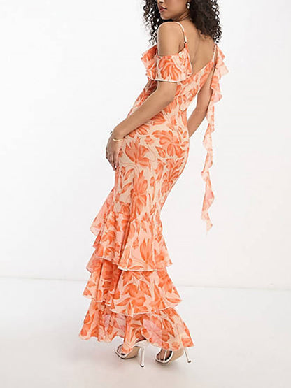 Shoulder Asymmetric Maxi Dress In Orange Floral Jacquard - Airnori