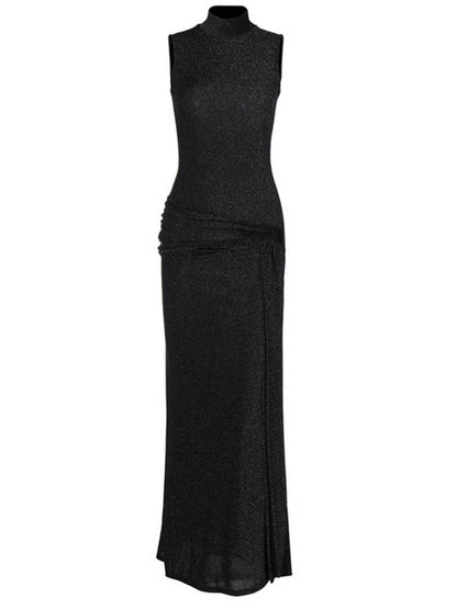 High-Necked Sleeveless Long Dress With Ribbons And Bright Silk - Airnori