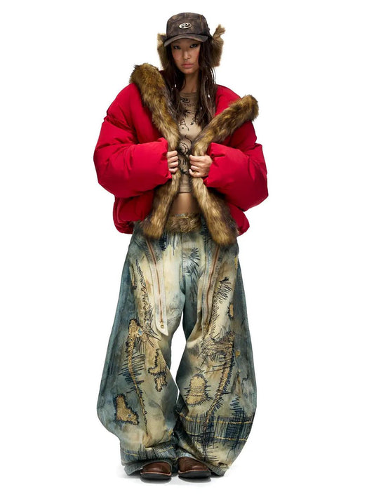 Plato-Dyed Curved Zipper Street Jeans