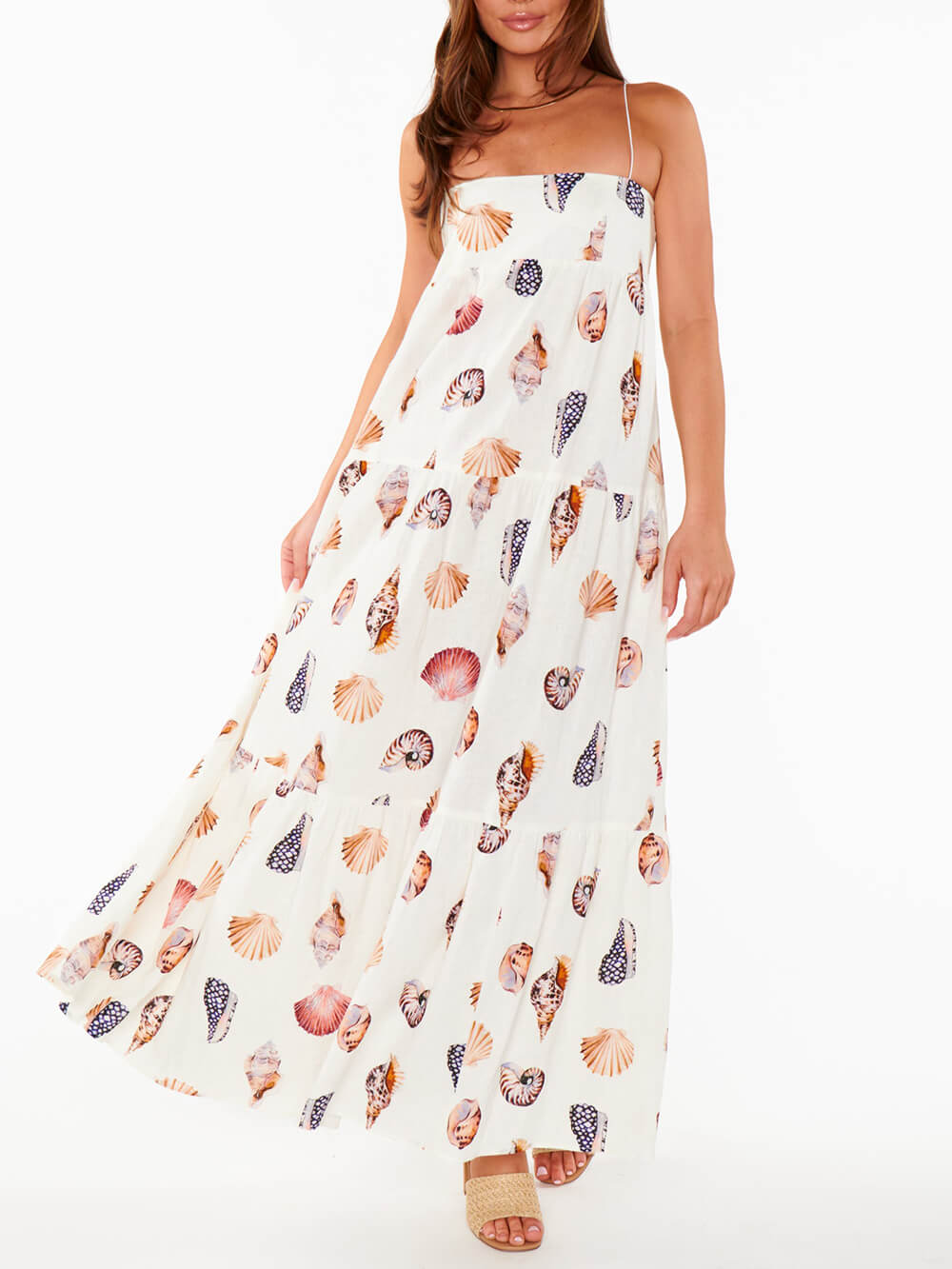 Unique Shell Conch Print Pleated Pockets Lightweight Maxi Dress - Airnori