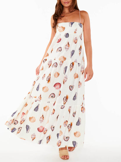 Unique Shell Conch Print Pleated Pockets Lightweight Maxi Dress - Airnori