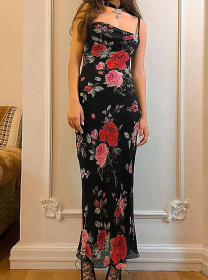 Floral - Mesh Spaghetti Strap Maxi Dress
