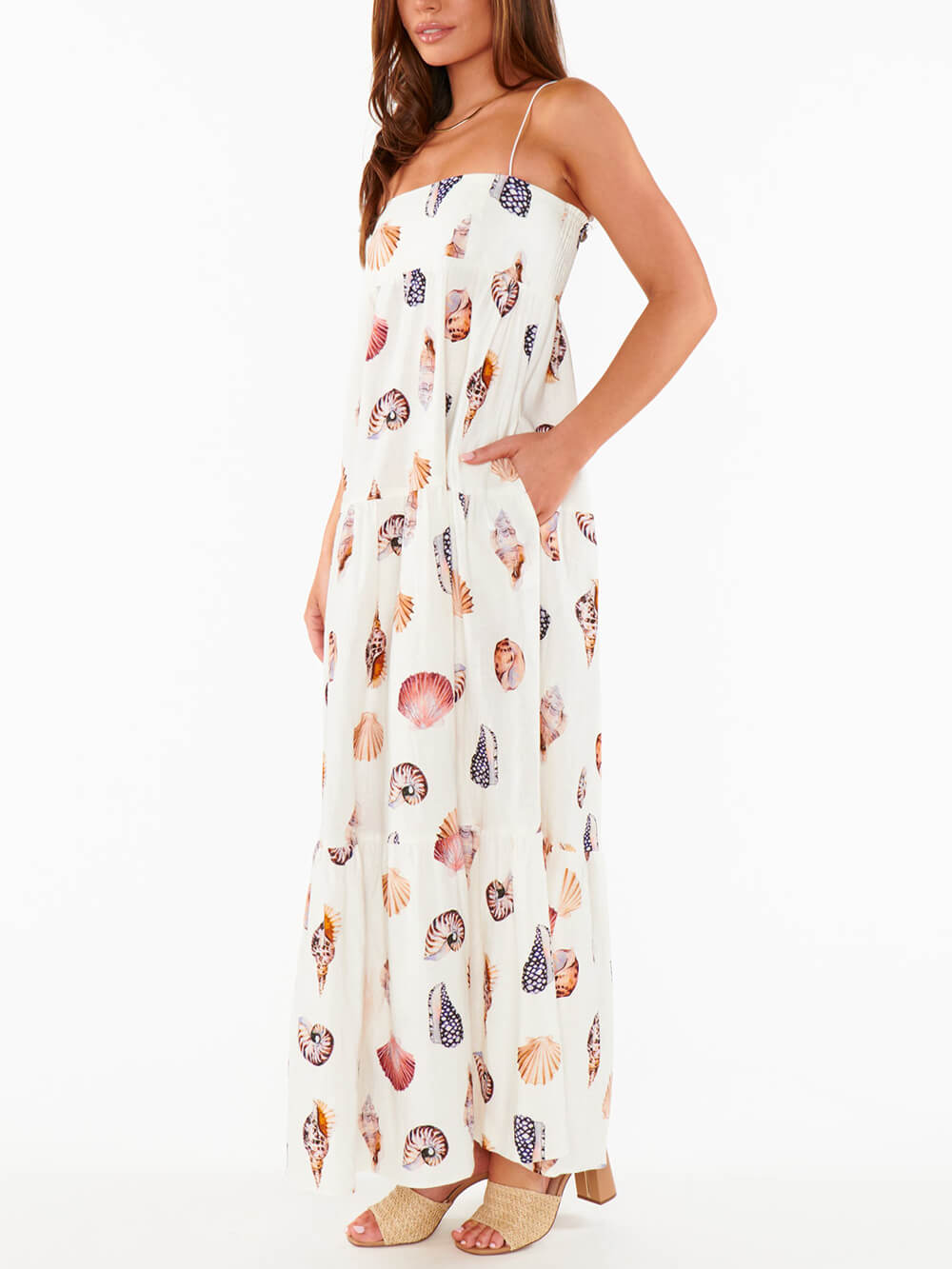 Unique Shell Conch Print Pleated Pockets Lightweight Maxi Dress - Airnori