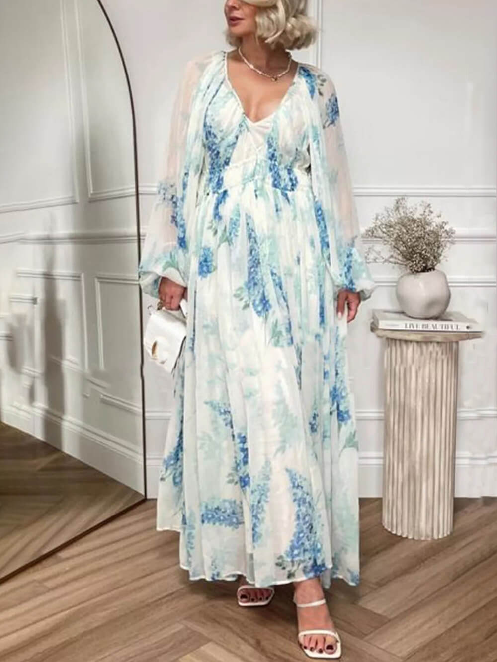 Ocean Flower Chiffon Floral Drawstring Waist Maxi Dress - Airnori