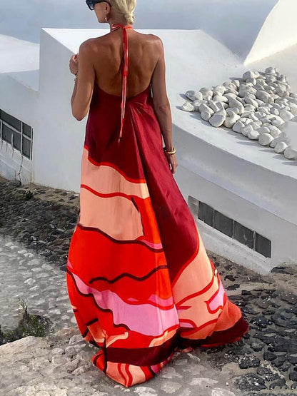 Summer Vacation Style Halter Neck Printed Backless A-Line Maxi Dress - Airnori