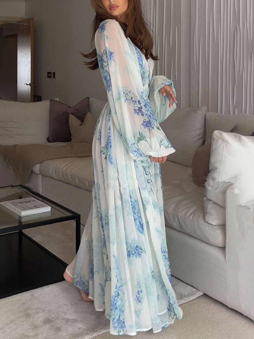 Ocean Flower Chiffon Floral Drawstring Waist Maxi Dress - Airnori