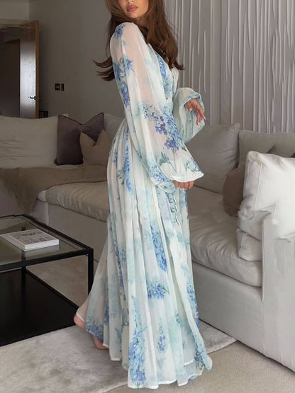 Ocean Flower Chiffon Floral Drawstring Waist Maxi Dress - Airnori