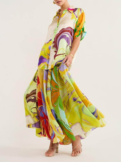 Modern Printed Satin Blouse and Skirt Set - Airnori