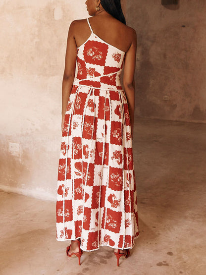 Floral Trim Unique Printed One Shoulder Flared Maxi Dress - Airnori