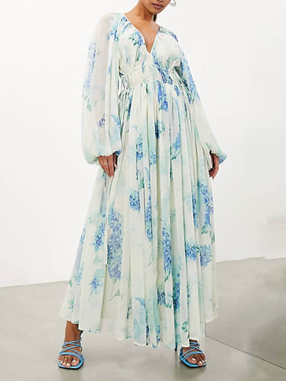 Ocean Flower Chiffon Floral Drawstring Waist Maxi Dress - Airnori