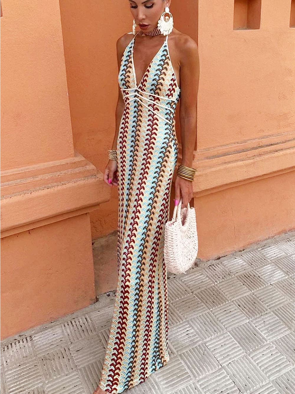 Halter V Neck Backless Boho Pattern Knit Slim-Fit Vacation Maxi Dresses-Beige - Airnori