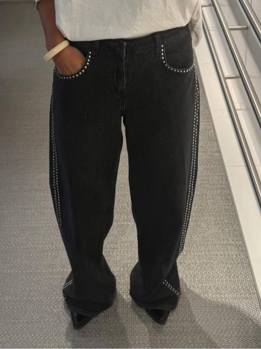 Abbie – Relaxed Wide-Leg Studded Denim Jeans