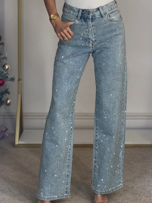 Celeste – High-Rise Diamanté Embellished Straight Jeans