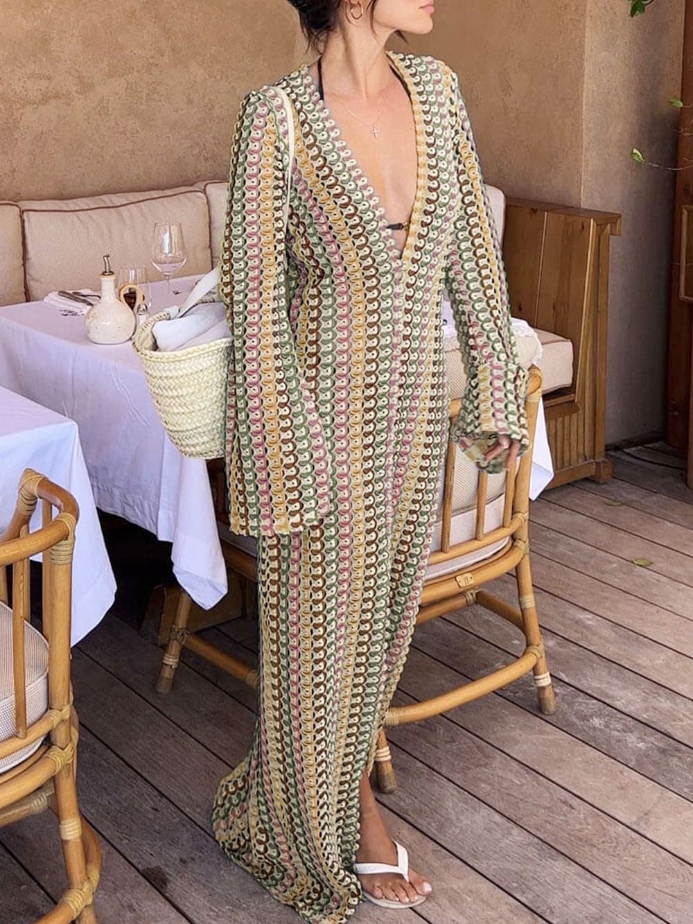 Boho V Neck Bell Sleeve Wavy Striped Crochet Beach Vacation Maxi Dress - Brown - Airnori