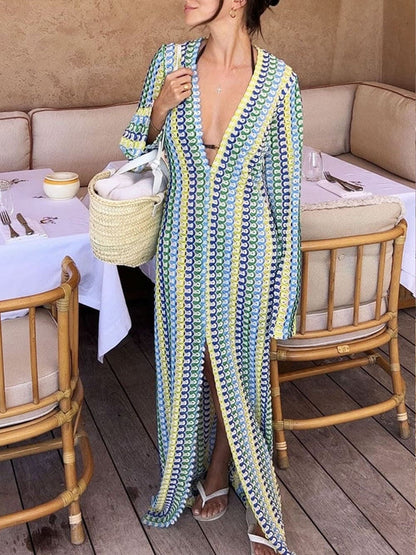Boho V Neck Bell Sleeve Wavy Striped Crochet Beach Vacation Maxi Dress - Yellow - Airnori