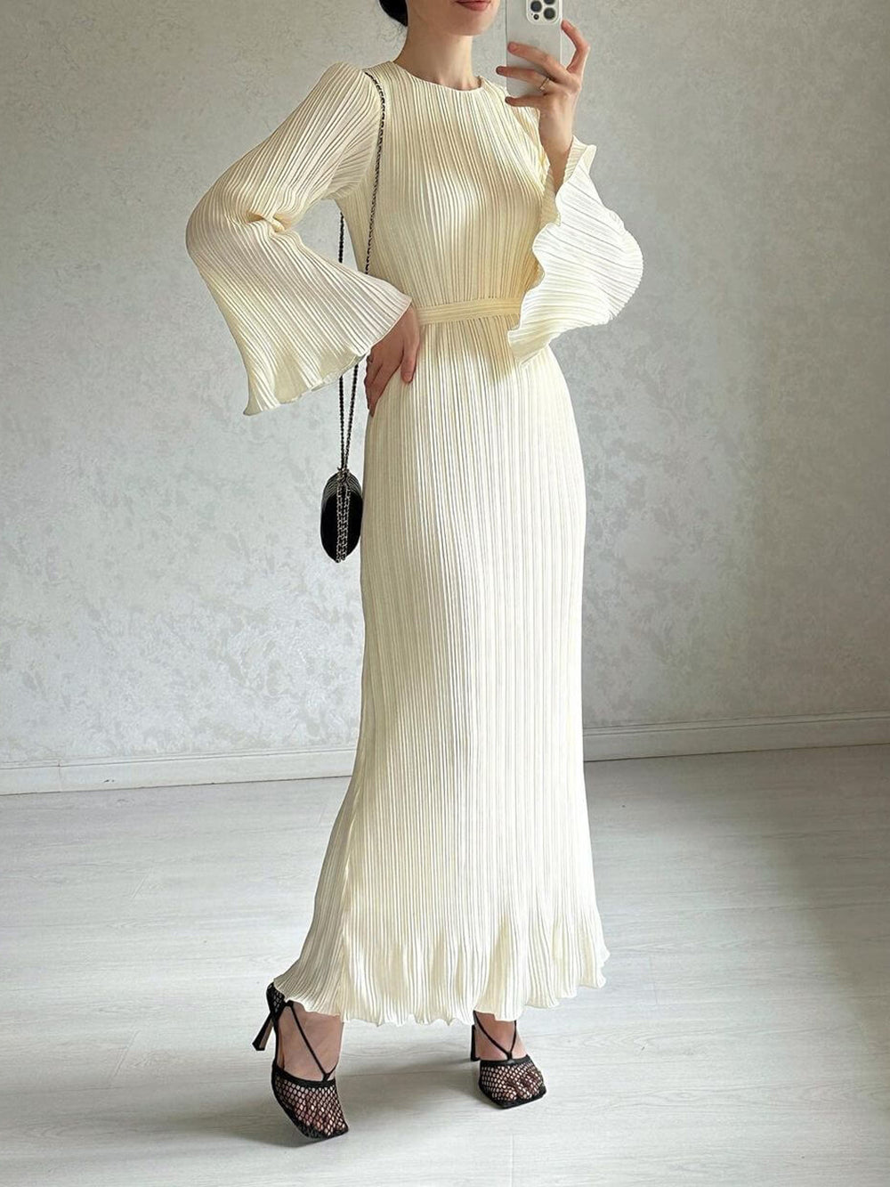 Pleated Bell Sleeve Maxi Dress - Airnori