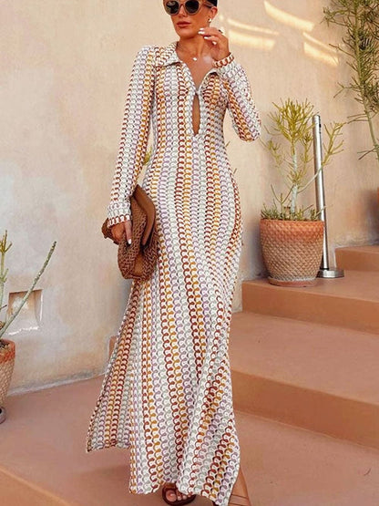 Boho Collared V Neck Split Wavy Striped Crochet Beach Vacation Maxi Dress - Brown - Airnori