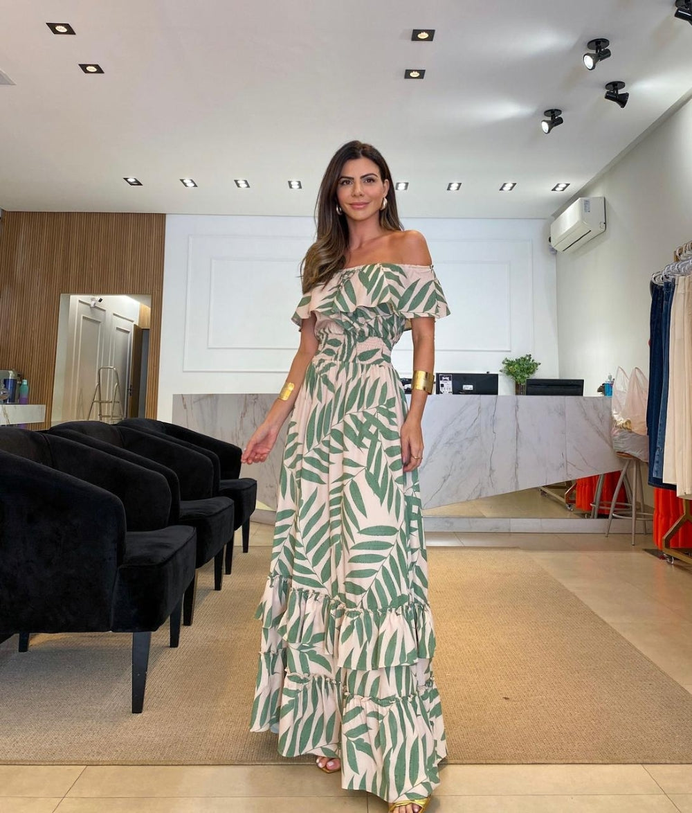 One Sleeve Palm Printed Self-Tie Tiered Maxi Dress - Airnori