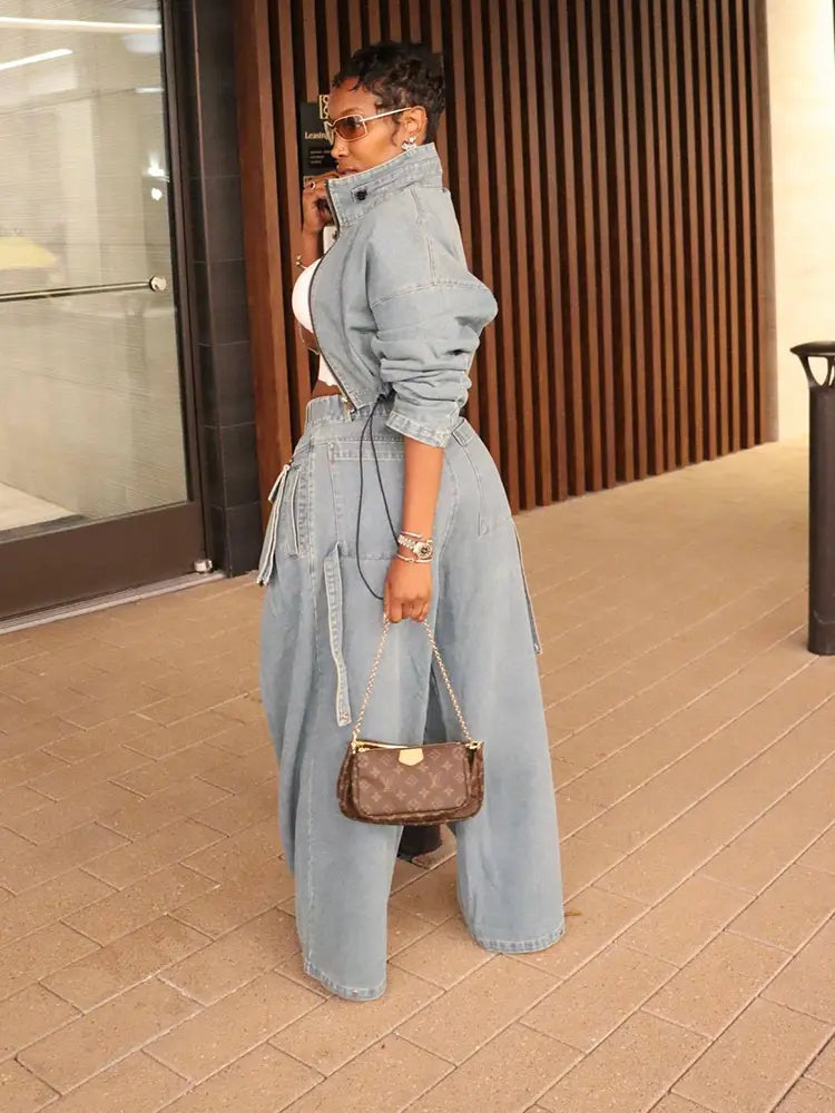Retro-Chic Wide-Leg Denim Set