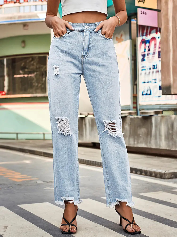 Premium Ripped Straight-Leg Denim Pants