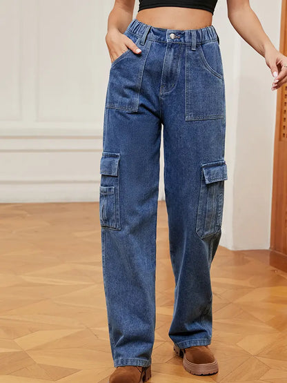 Everyday Street Cargo Denim Pants with Elastic Waist