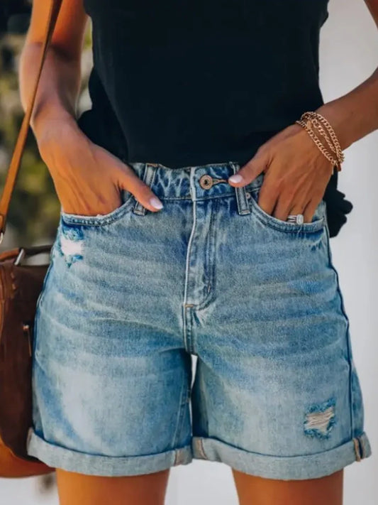 Harper - Rolled Hem Distressed Denim Shorts