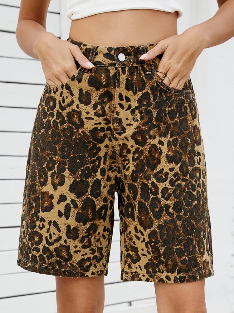 Leila - Leopard Print Denim Shorts