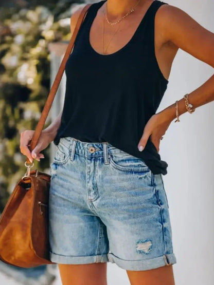 Harper - Rolled Hem Distressed Denim Shorts