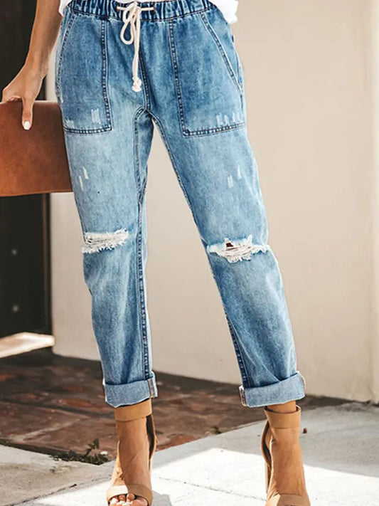 Autumn - Drawstring Ripped Relaxed Denim Pants