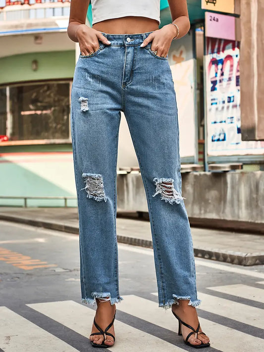Premium Ripped Straight-Leg Denim Pants