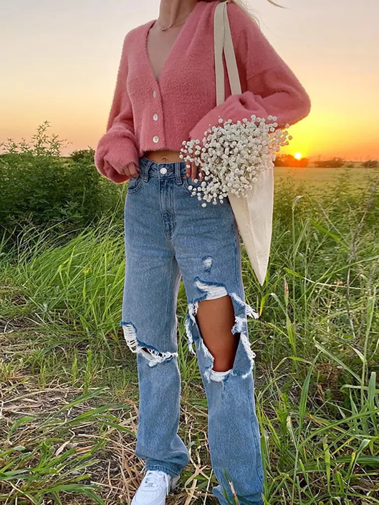 Breezy Summer Ripped Straight-Leg Jeans