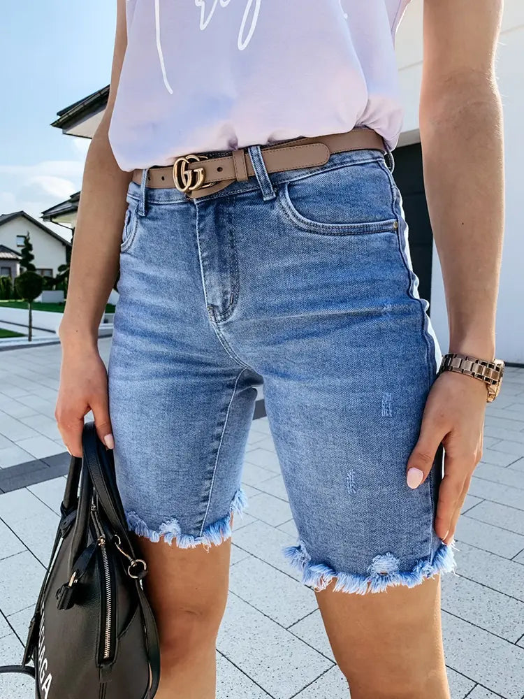 Harper - Frayed Hem Tassel Denim Shorts