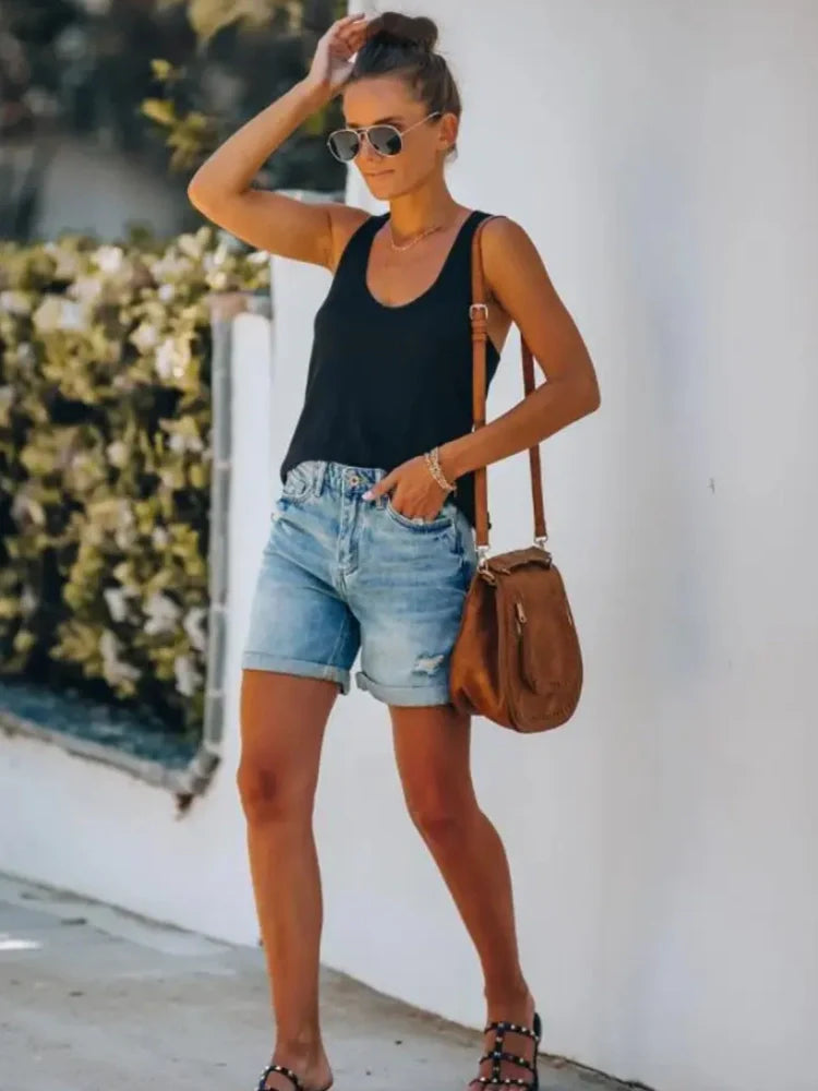 Harper - Rolled Hem Distressed Denim Shorts