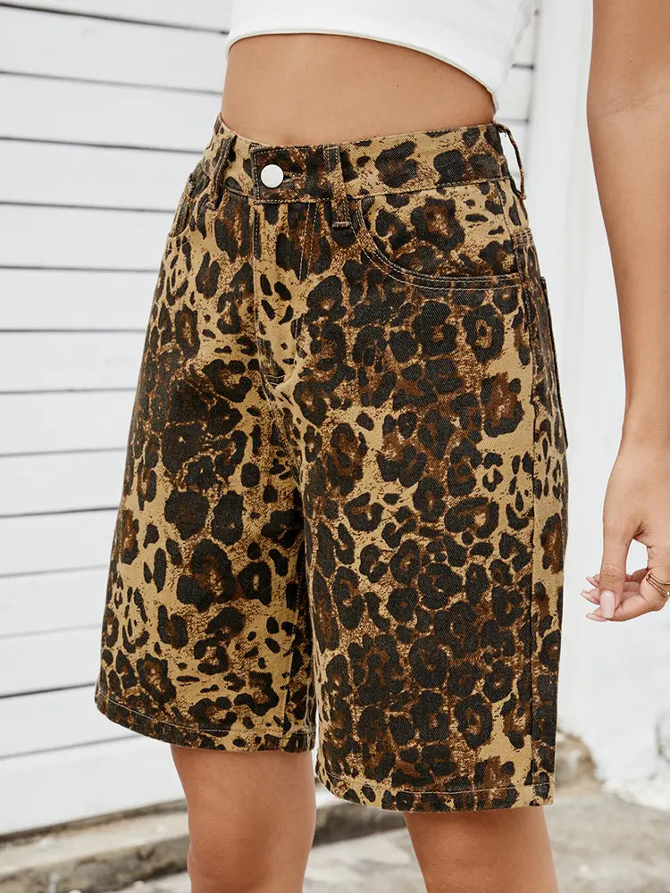 Leila - Leopard Print Denim Shorts