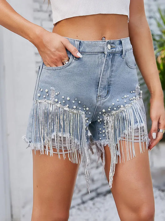 Glam Fringe Rhinestone Denim Shorts