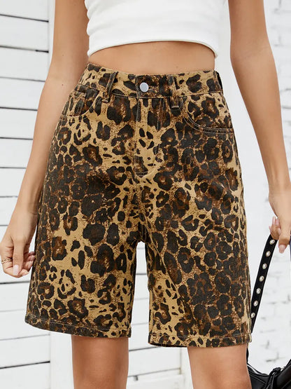 Leila - Leopard Print Denim Shorts