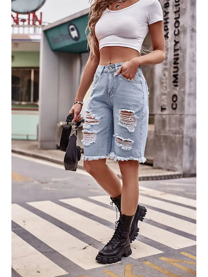 Edgy Slim-Fit Distressed 5-Inch Denim Shorts