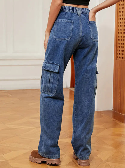 Everyday Street Cargo Denim Pants with Elastic Waist