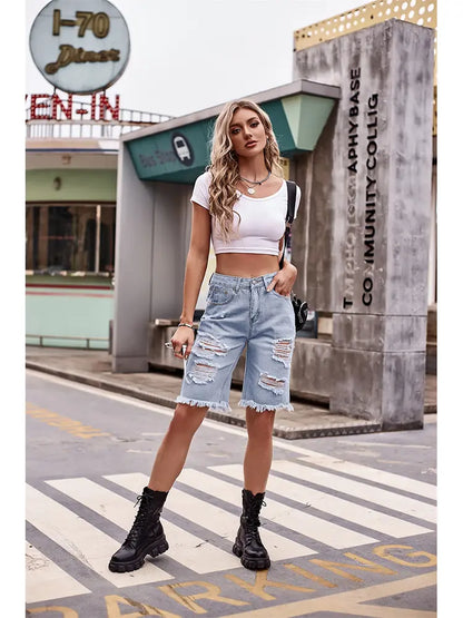 Edgy Slim-Fit Distressed 5-Inch Denim Shorts