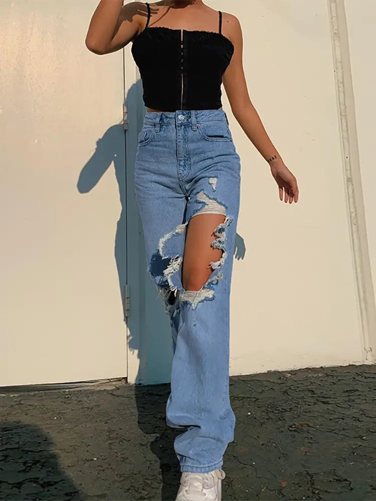 Breezy Summer Ripped Straight-Leg Jeans