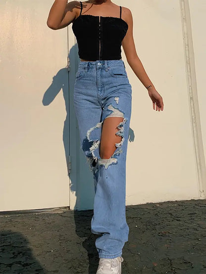 Breezy Summer Ripped Straight-Leg Jeans